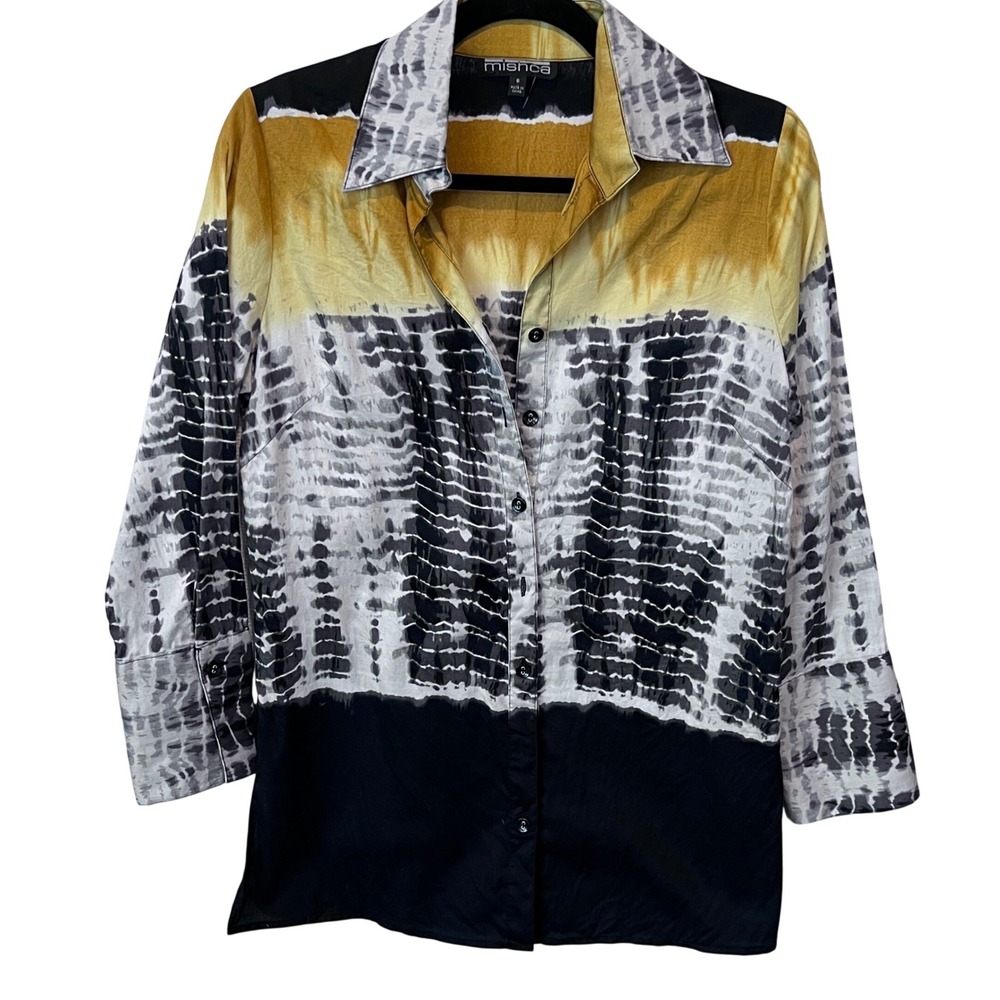 Mishca Womens Abstract Tie‎ Dye Button Down Shirt Mustard Grey Black Size S